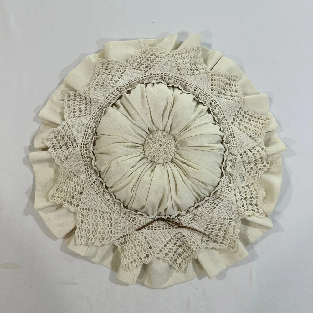 Vintage Round Boudoir Pillow Crochet Lace Ruffle Victorian Cottagecore 15